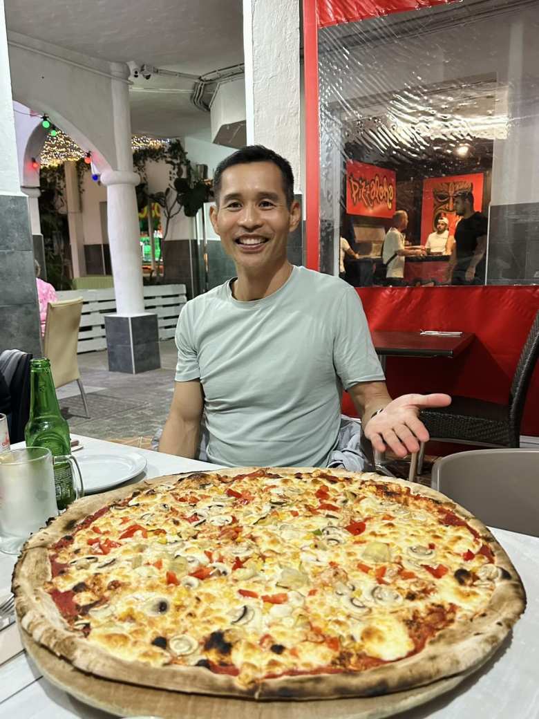 A giant pizza that Chris, Roxana, and I shared in Caleta de Fuste.