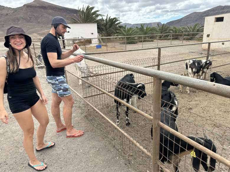 Roxana and Chris visiting the goats at La Casa Del Queso Cabrera Perez Fuerteventura.