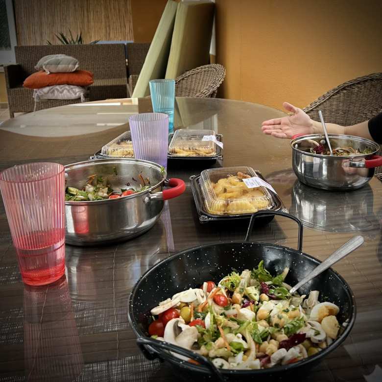 Our huge salads (along with some potatoes from Mercadona on this particular day).
