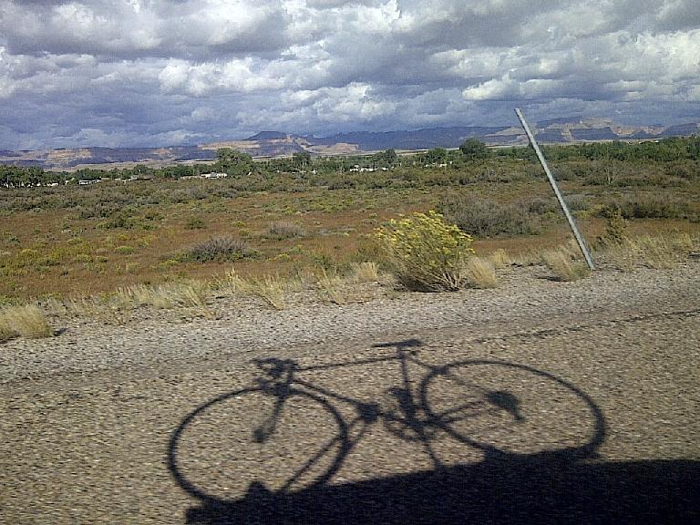 Nice shot of the bike's shadow while driving down Interstate I-70 through Colorado on the way to California.