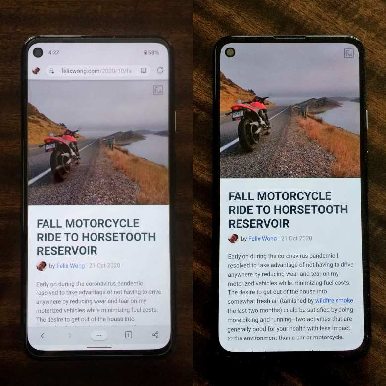 Fall Motorcycle Ride to Horsetooth Reservoir article shown in Microsoft Edge for Android versus felixwong.com Progressive Web App