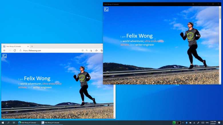 felixwong.com shown in Microsoft Edge browser versus Progressive Web App on Windows 10 desktop