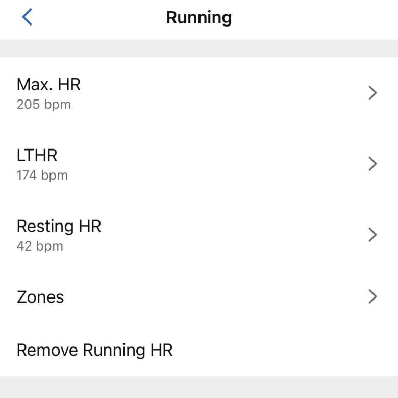 Due to Garmin’s incorrect estimation of lactate threshold (and maximum heart rate) after a 5K time trial, my Running HR zones were way off. Ultimately, I would delete them and use the general HR zones instead.