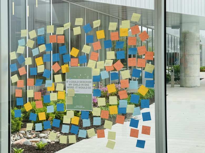 Sticky notes inside one of the Garmin buildings describing people's children in one word.
