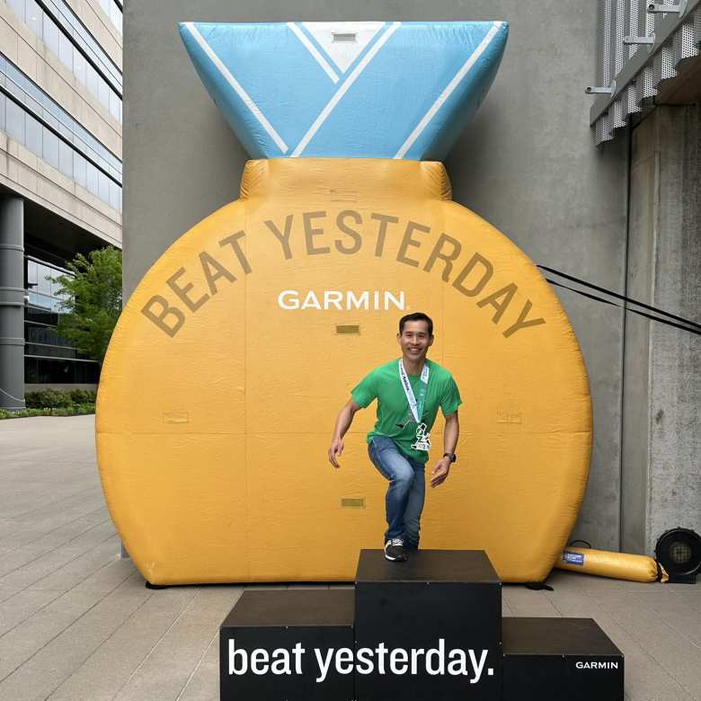Felix at the "Beat Yesterday" display on the Garmin campus.