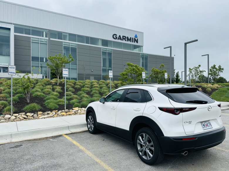 My Mazda CX-30 rental car in front of Garmin's corporate headquarters.