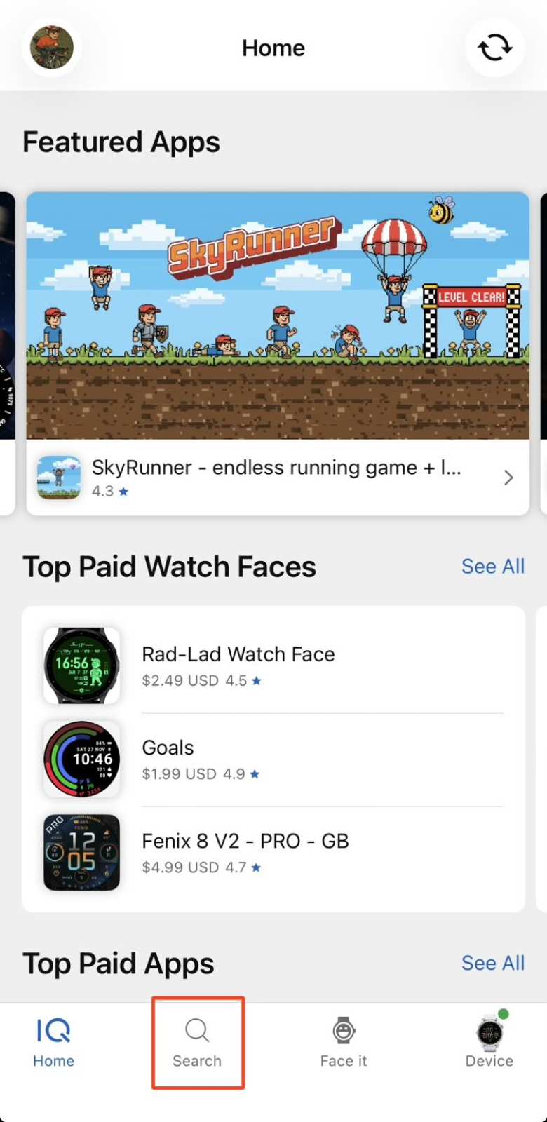 Select "Search" in the Connect IQ app.