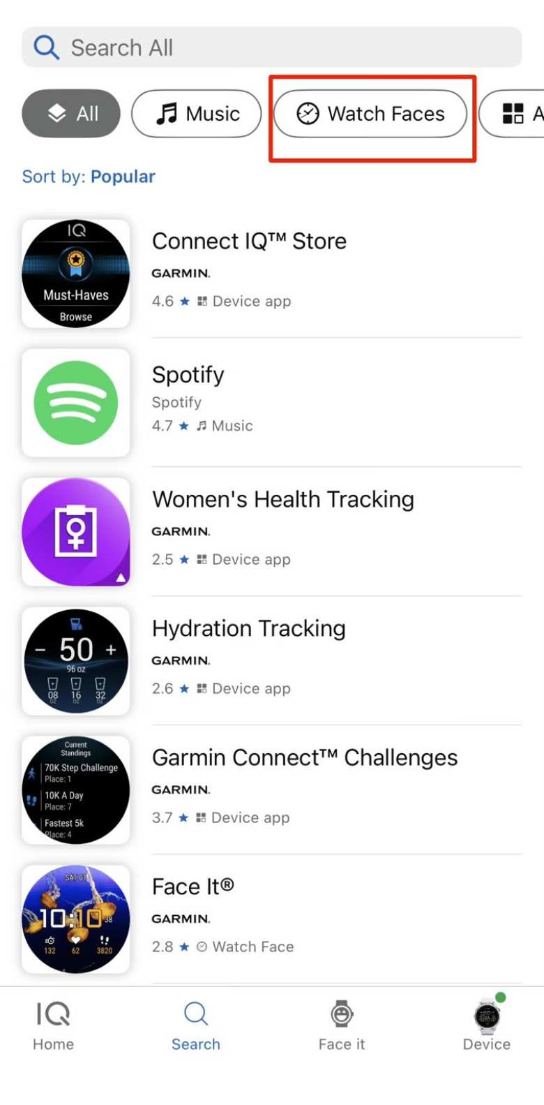 Activate the Watch Faces filter in the Connect IQ app. 
