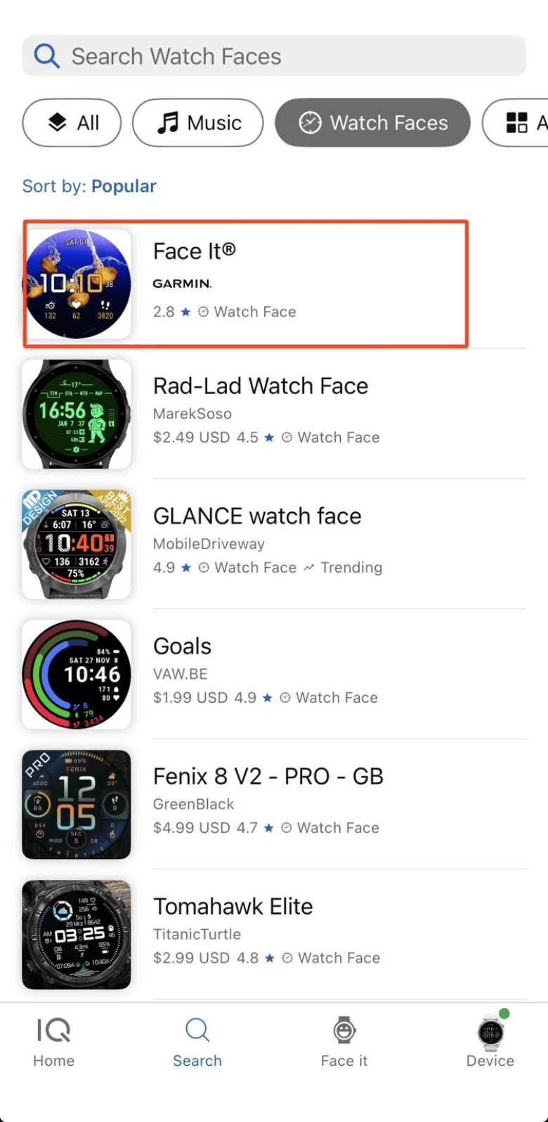Select any watch face that lists Garmin as the author.