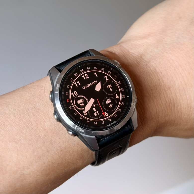 A watch face I created myself, configuring it right on the Garmin epix Pro (Gen 2) watch using its settings.