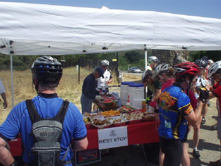 [Mile 48, 11:00 a.m.] The food selection at the rest stops included oranges, watermelon, bagels, peanut butter and jelly sandwiches, and more.
