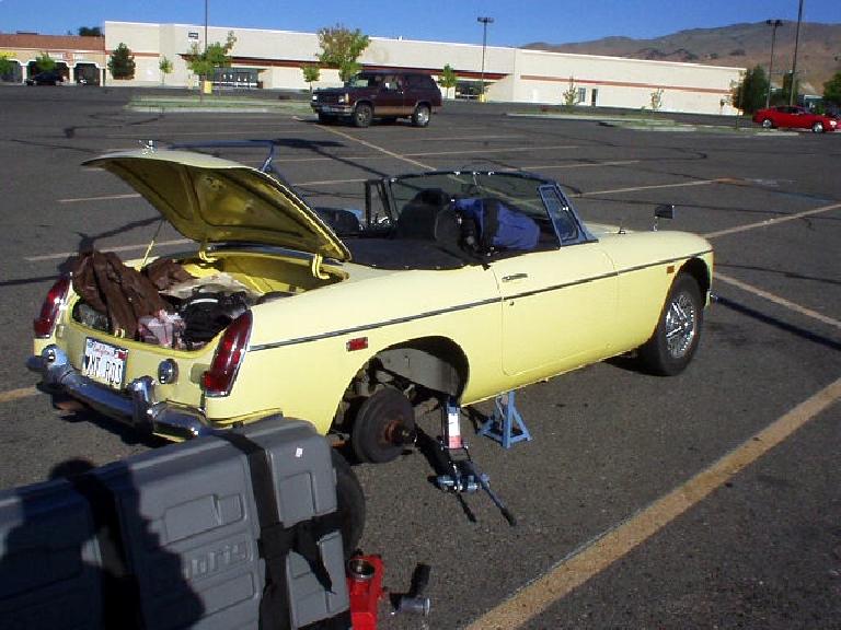 Mile 160: How fortunes quickly change.  I pulled off the highway into a parking lot in Reno for breakfast, only to discover two flat rear tires! 