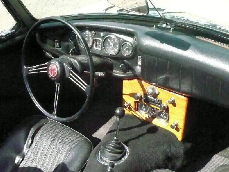 interior of 1969 MGB, custom wooden center console