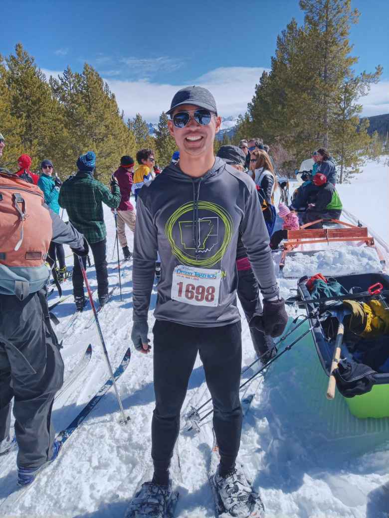 Felix Wong at the start of the Gould Snowshoe Stomp 5k (actually was 2.7 miles).