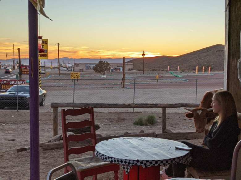 A cow sneaks up upon Andrea who is sitting down outside the Hot Diggity Dog restaurant in Dolan Springs, Arizona.