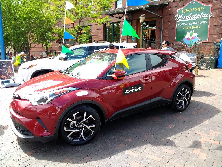 A red 2018 Toyota C-HR on display in Duluth, MN at Grandma's Marathon. Toyota has been taking more risks with the styling of its vehicles lately.