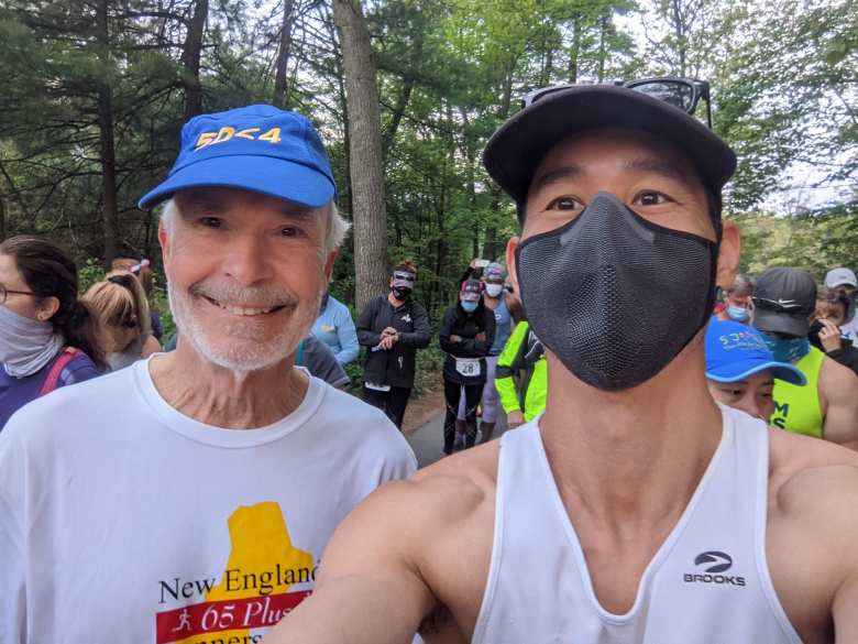 Bob Kennedy and Felix Wong before the start of the Granite State Marathon.