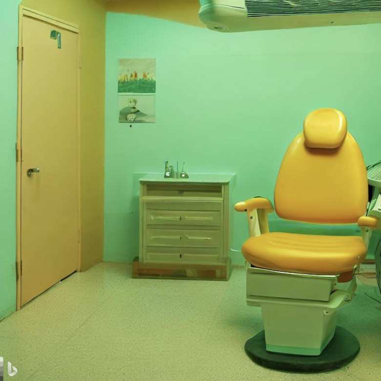 Depiction of the 1980s-style green dentist office.