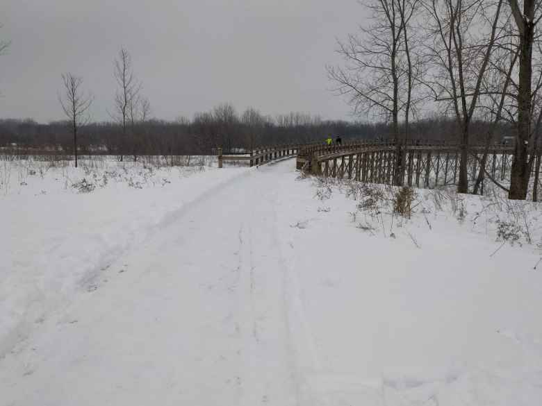 This typifies the trails we ran on, which had about 1-2 inches of snow on them after being plowed on Friday.