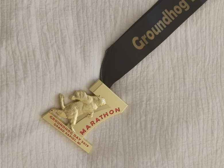 The finishers' medal for the 2019 Groundhog Day Marathon.