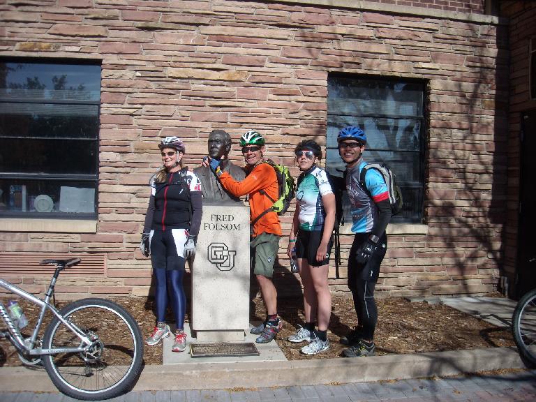 Jen, Eddie, Kelly and Felix Wong with the Fred Folsom statue in boulder.
