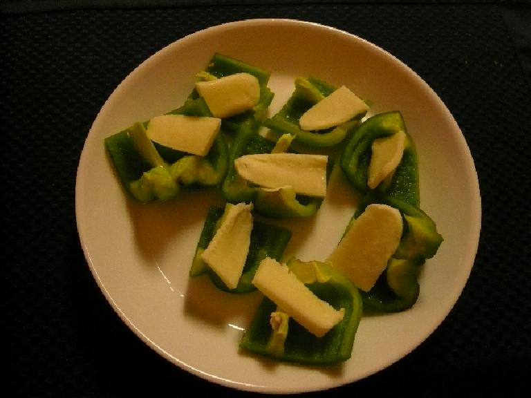 Green bell peppers with Monterey Jack cheese.  A nice snack.