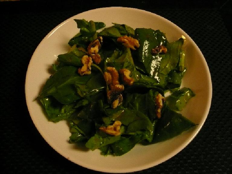 One of my all-time favorite salads: spinach with walnuts and a raspberry vinaigrette dressing.  I even whip this up sometimes when I have company.