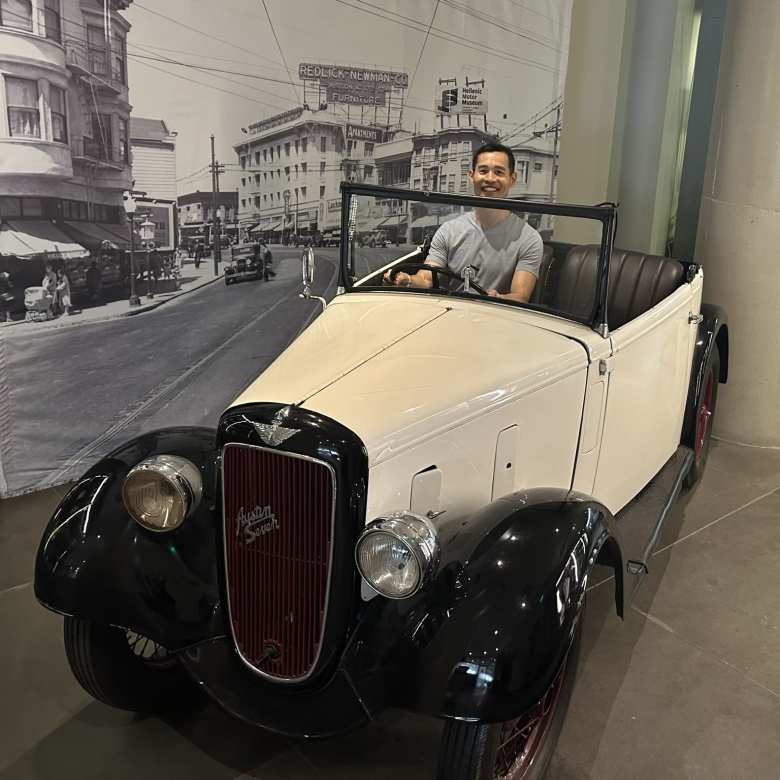 Felix in a 1936 Austin Seven Opal Tourer. This was the only car you could sit in at the Hellenic Motor Museum.