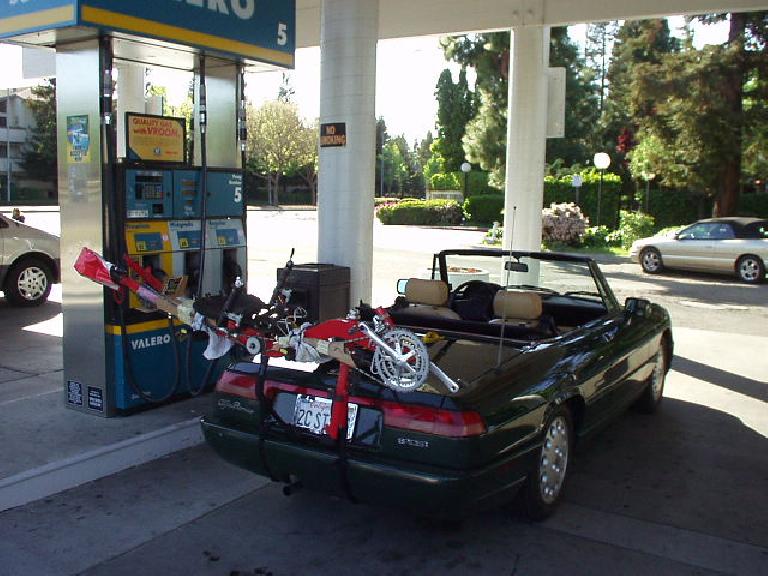 For her inaugural trip as a bicycle carrier, I give Elaina a quick fillup in Fremont on this sunny Friday afternoon.