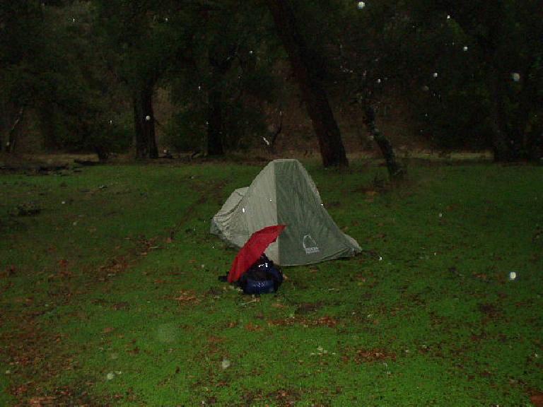 We stayed in Sarah's tent, which is the same as my beloved Sierra Designs Clip Flashlight except it's green.  We'd be breaking it in for the first time during a wet and stormy night.