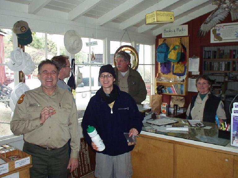 Back at Coe Headquarters where a warm fire was burning.  From left to right: the very friendly volunteer guy (holding one of the cookies he made for everyone) at Coe, a random hiker, Sarah, the ranger, and the volunteer's wife.  They were all really nice!