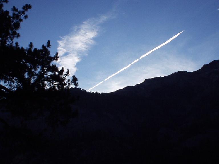 7:41 a.m.: We arrive at the trailhead off of Highway 4/Ebbett's Pass to begin our 11-mile hike, with a tornado-shaped cloud and several planes in the sky.