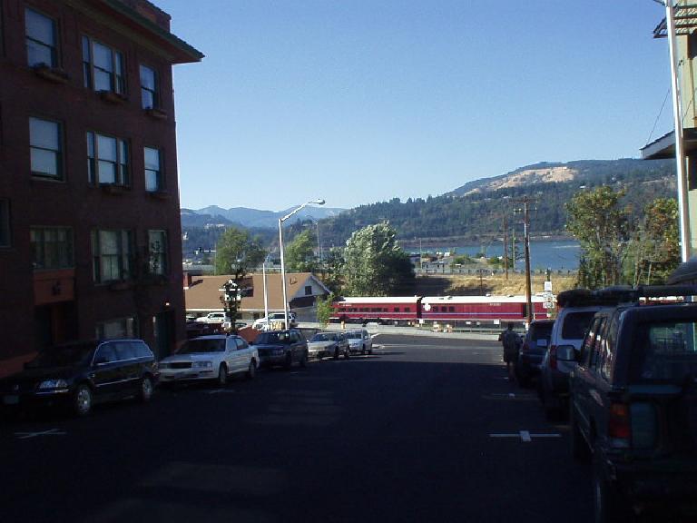 Downtown with the Columbia Gorge River in the background.  Amtrak runs through here (from Portland to Chicago), though it is endangered due to the Bush administration's proposal to give Amtrak $0 of funding in 2006.