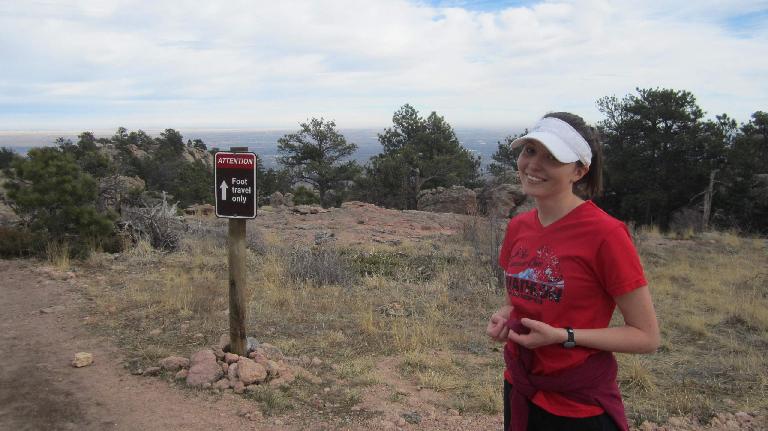 attention foot traffic only sign, Horsetooth Rock trail, Maureen wearing red shirt