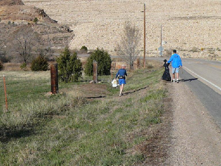 Picking up trash near the start of the Horsetooth Half Marathon course.