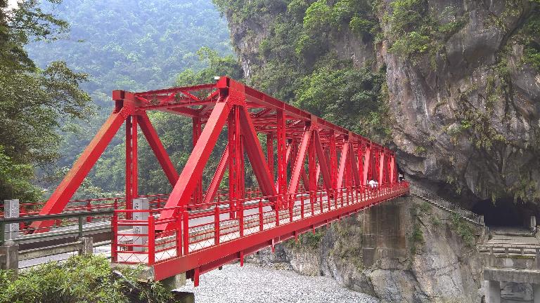 Red Changchung Bridge off Highway 8 near Taroko National Park in north Hualien County, Taiwan.