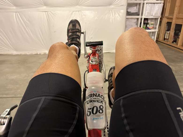 Riding the Reynolds Wishbone recumbent with a Furnace Creek 508 water bottle.