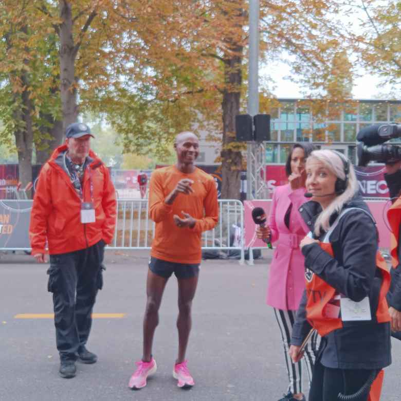 Legendary Bernard Lagat, holder of several middle-distance American records, was a pacer for Kipchoge and was interviewed after the race by broadcast journalist Crystal Arnold.