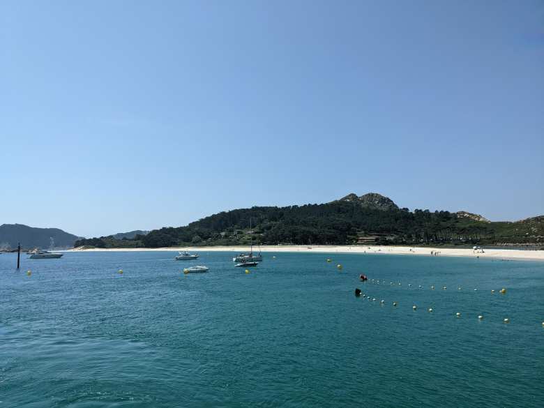 The view of Rodas Beach from the Mar de Ons ferry.