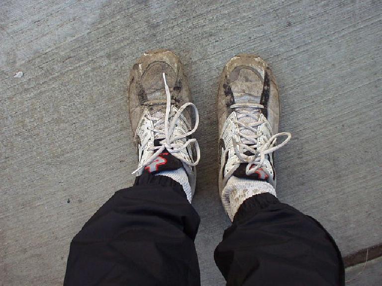 One reason it was such slow going was much of the course was slogging through or jumping around thick mud and deep puddles.  These were my shoes afterwards... actually was kind of cool, like an adventure race!