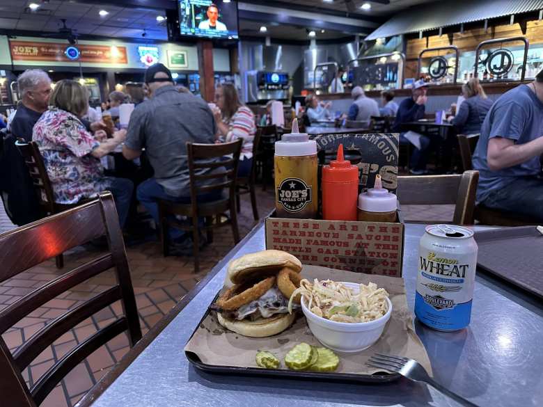 At Joe's Kansas City Bar-b-que, I had Z-man sandwich, spicy slaw, and a non-alcoholic Boulevard Lemon Wheat beer.