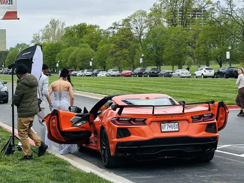 An orange C8 Corvette photo shoot at National WWI Museum and Memorial in Kansas City.