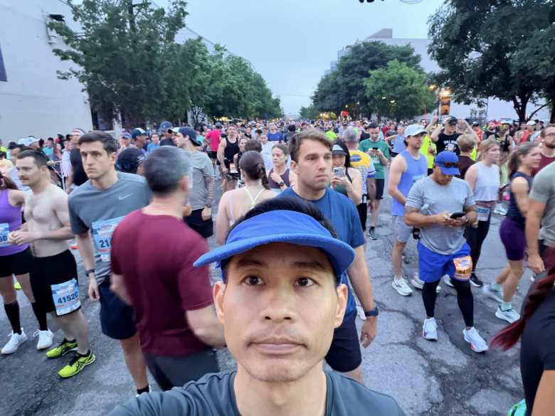 Me in Wave B, 14 minutes before the start of the kentucky Derby festival Marathon.
