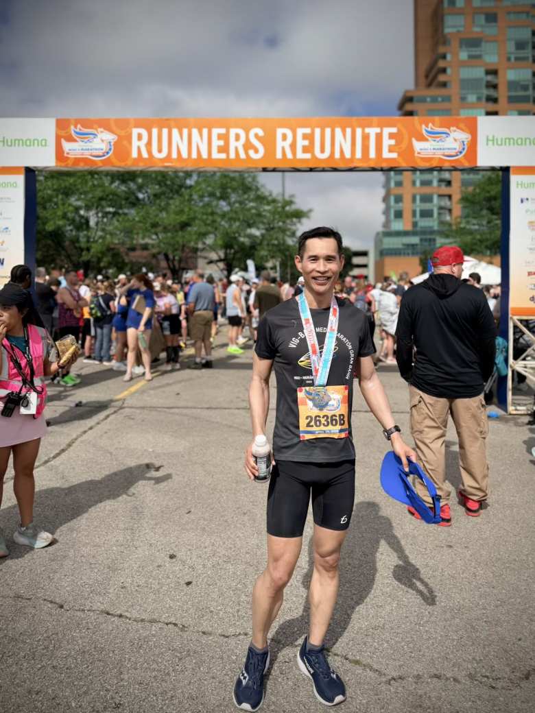 Felix wong after finishing the Kentucky Derby Festival Marathon in 3 hours, 31 minutes.