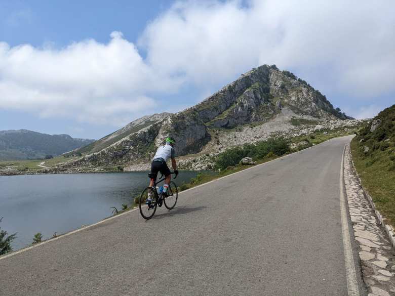 Marcos riding up a hill at los Lagos de Covadonga.