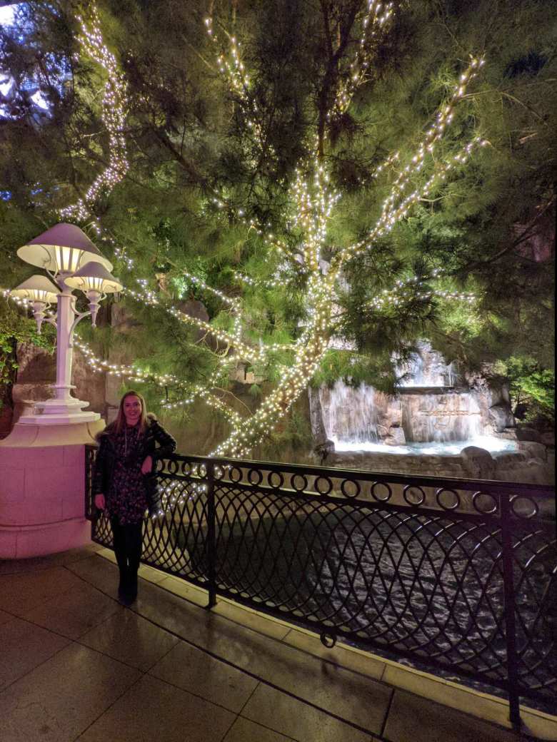 Andrea standing next to a metal railing with a tree lit up by Christmas lights behind.