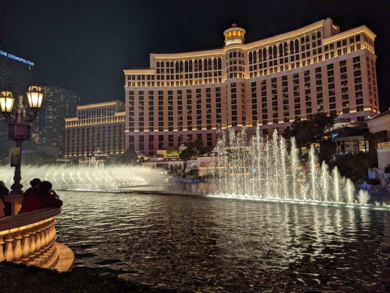 The fountains of the Bellagio were "dancing" to Christmas music.