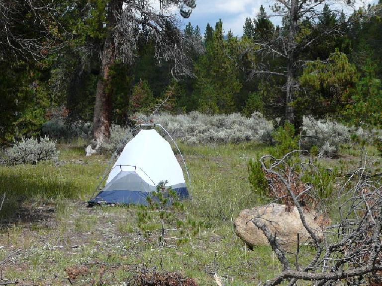 We found a campground only about five miles away from downtown Leadville.  Although I set up my tent really quickly, I didn't put on the rain fly at first -- big mistake!