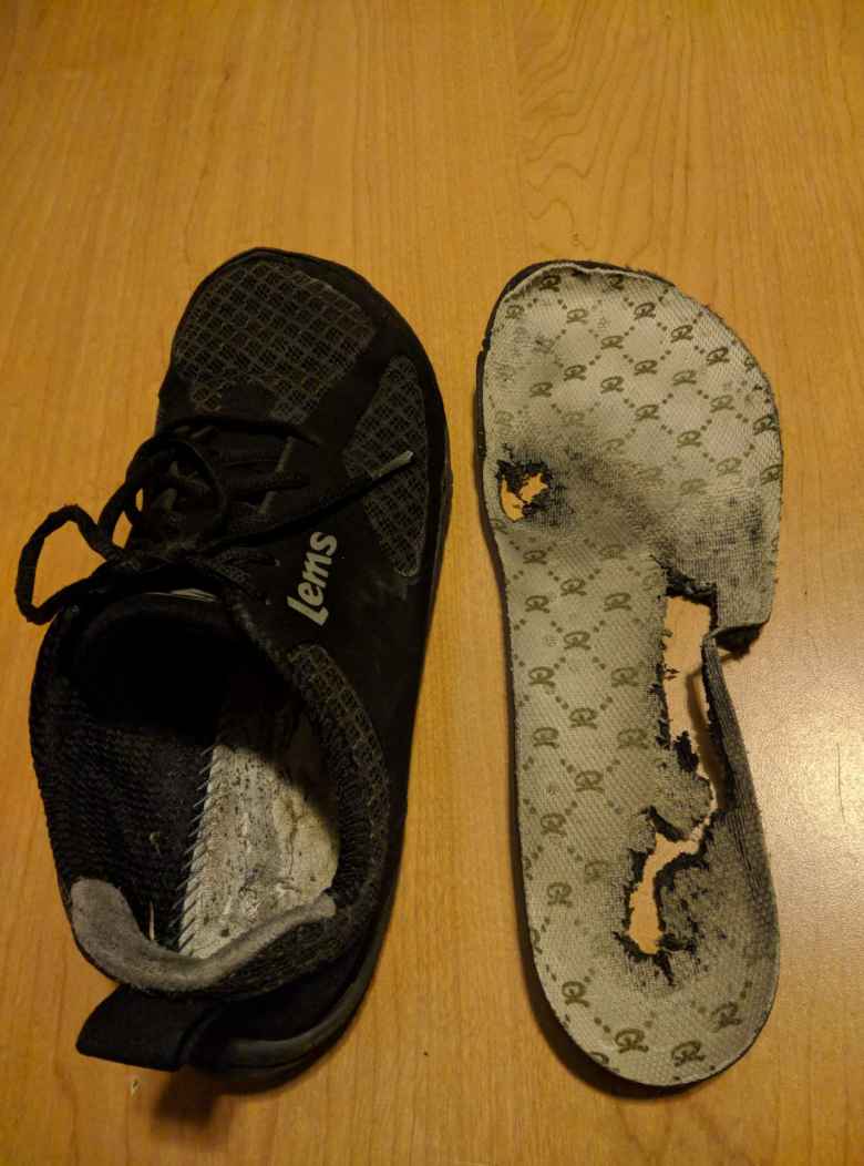 The insoles of the Lems Primal 2 shoes disintegrated much quicker than the rest of the shoe. This picture was taken with about 970 miles on the shoes.