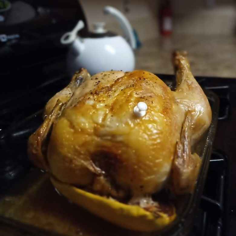 Baking a whole chicken.